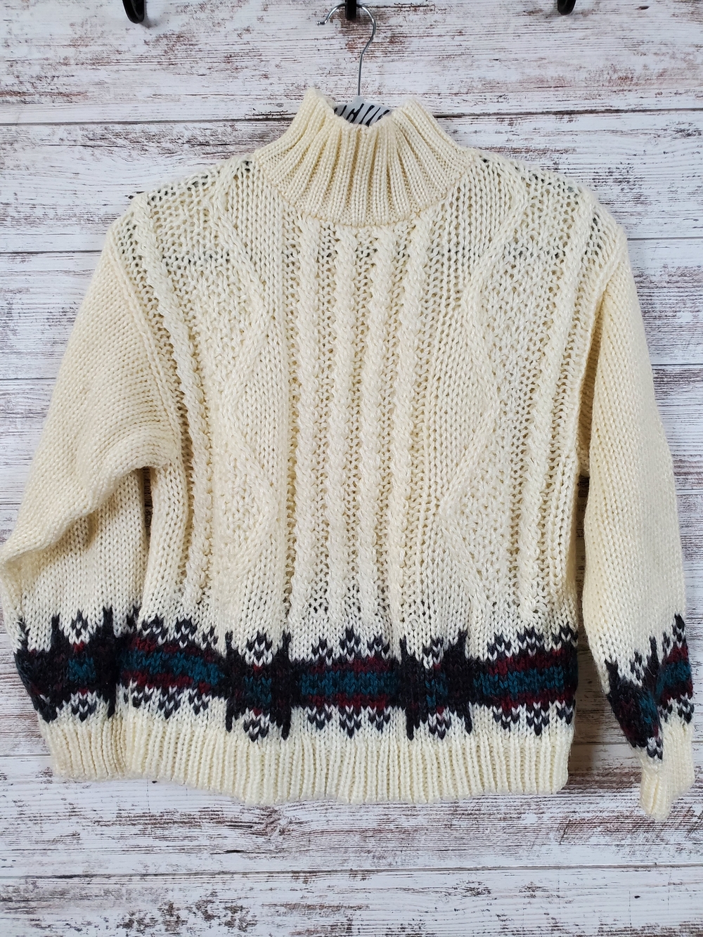 I.V.Y. Hand Knit Chunky Cable Mock Neck Sweater Cream Fair Isle Pattern Vintage